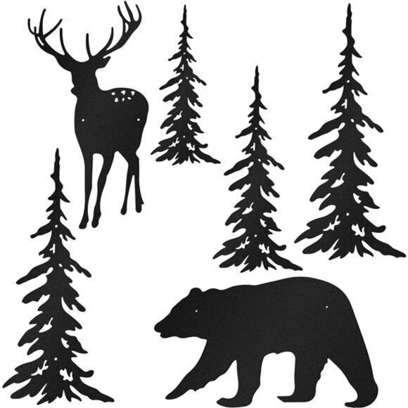 6-Piece Rustic Metal Wall Art Set - Deer, Bear, Pine Tree Forest Decor (Black) - Picture 1 of 8